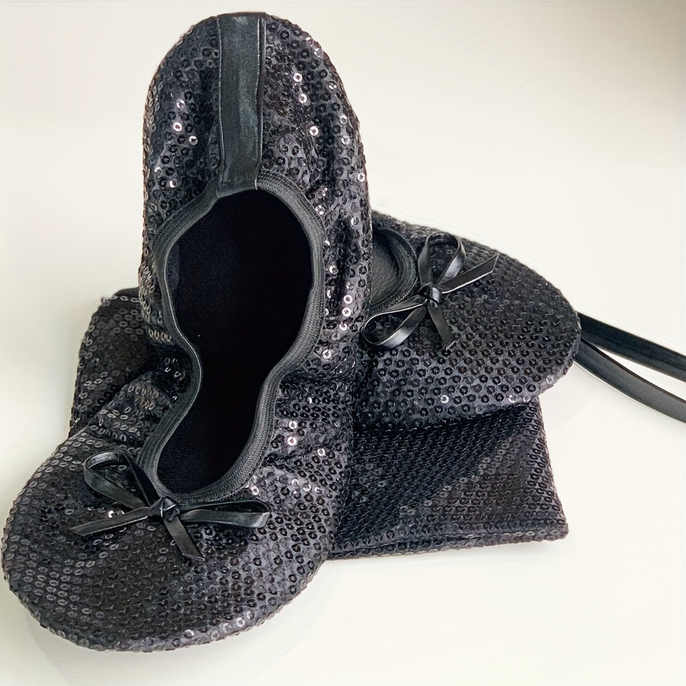 Women's Foldable Portable Travel Ballet Flat Shoes With Sequins and Pouch
