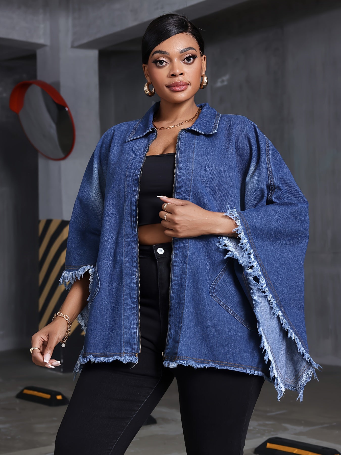 Women Plus Size Denim Coat Loose Fit Batwing Sleeve Washed Blue Denim Outerwear