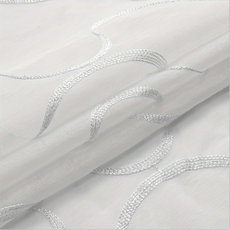 White Grommet Top Sheer Curtains with Embroidered Trellis for Living Room and Bedroom