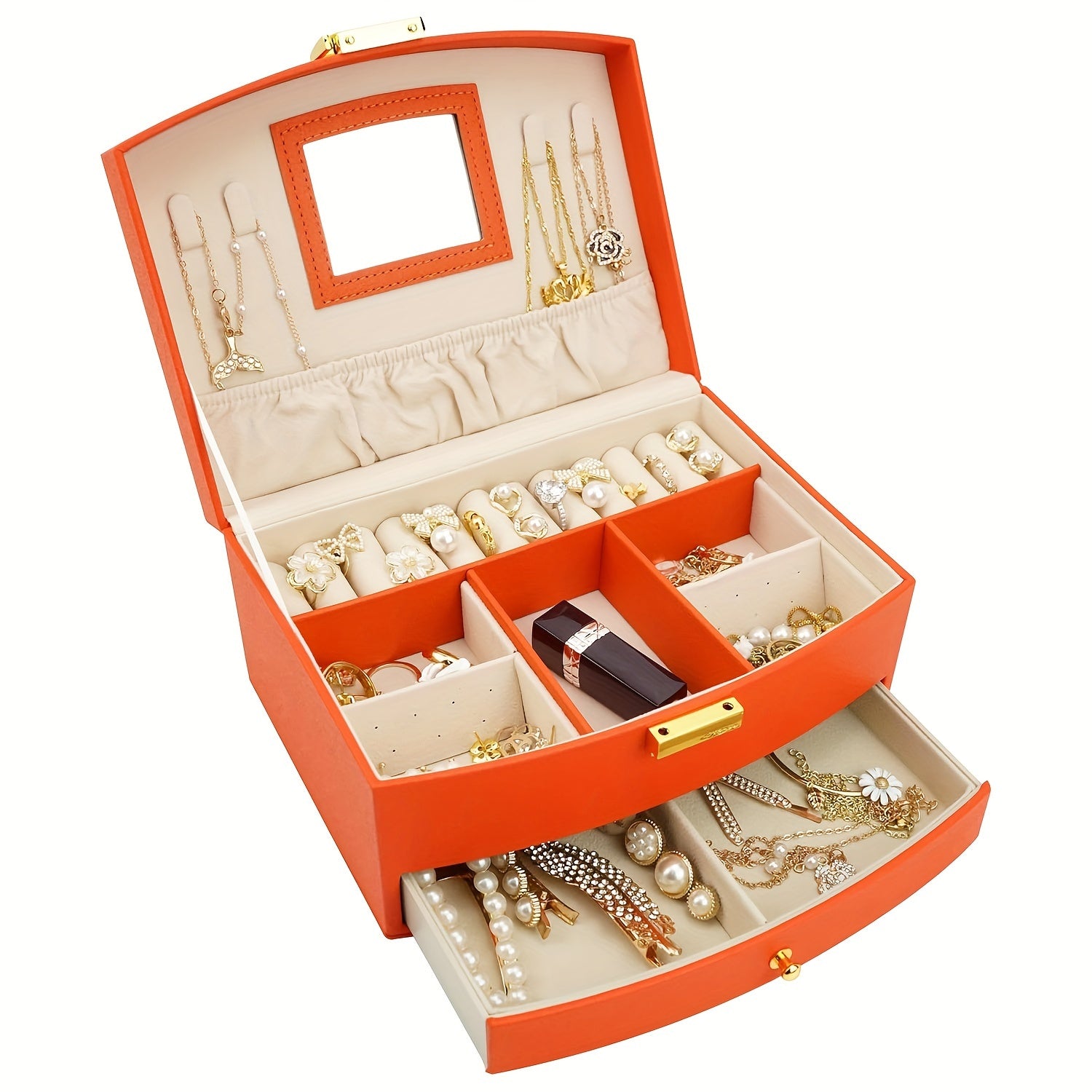 Ko‘p bo‘limli va zipli yopilishi bilan sun’iy charmli zargarlik buyumlarini tashkil etuvchi quti