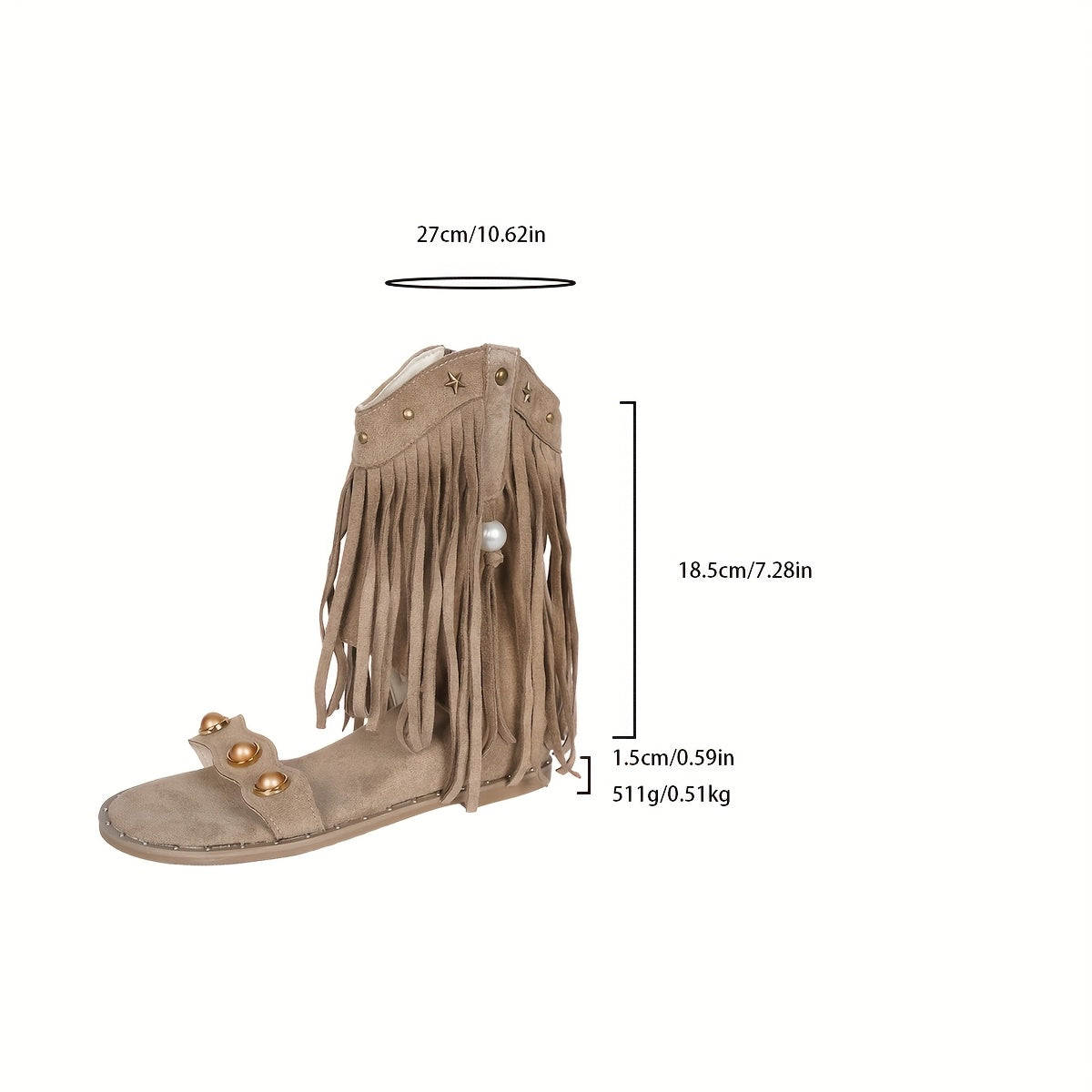 Women Bohemian Fringe Ankle Boots with Flat Insole Beige Fabric Casual