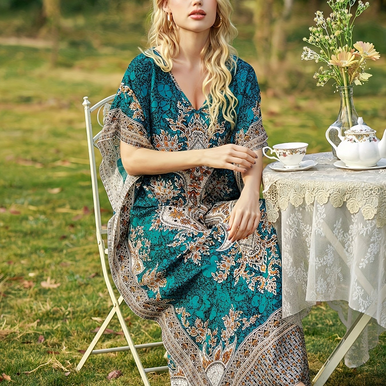 Plus o'lchamli maxi kiyinadigan bohemiya gullari bosma yozgi plyaj ta'tili uchun erkin fit