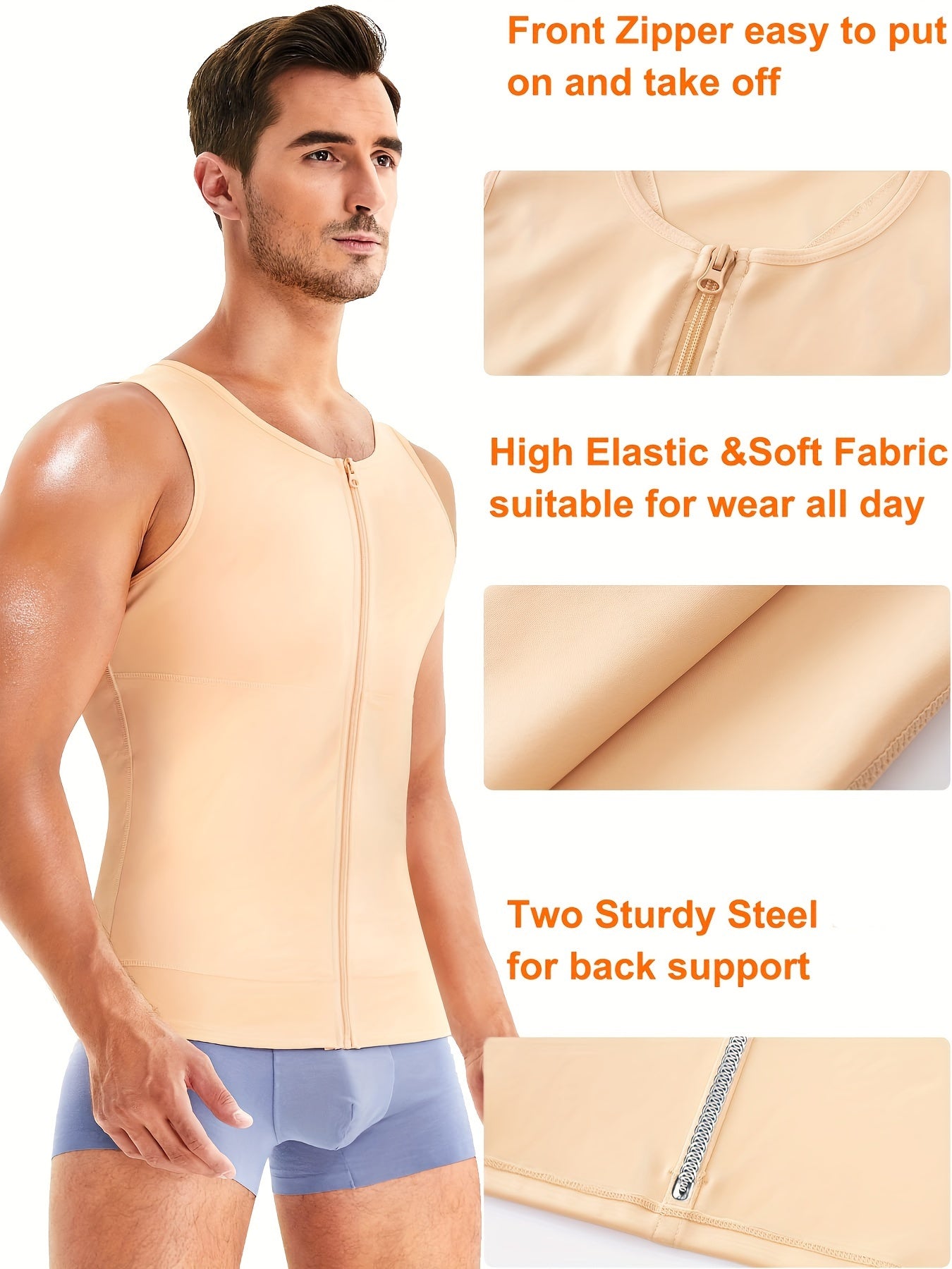 Men's Compression Tank Top with Zipper Body Shapewear Nylon Spandex Solid Crew Neck Skinny