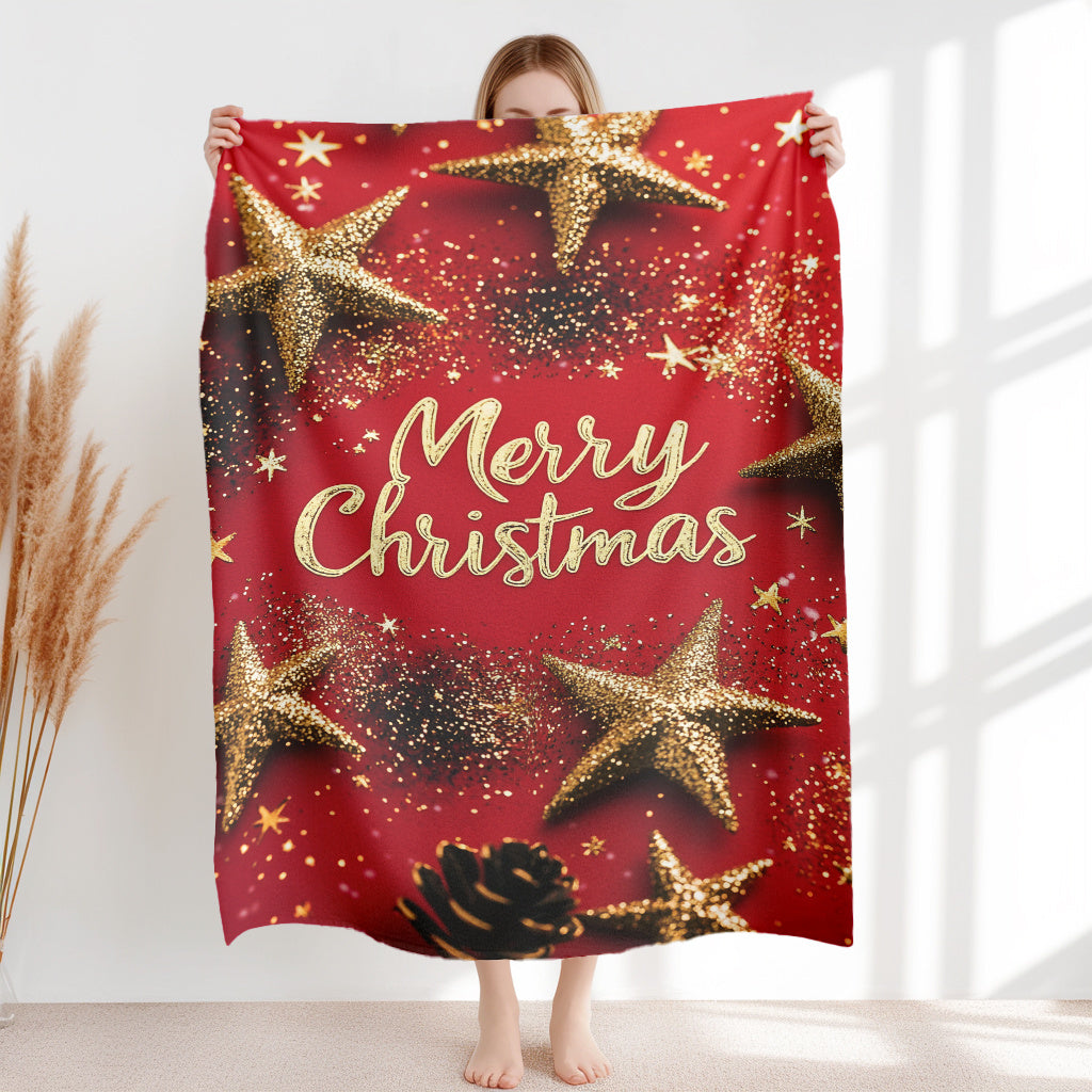 Christmas Flannel Throw Blanket with Golden Stars Red Background Soft Plush Lightweight All-Season Home Sofa Camping Car Travel