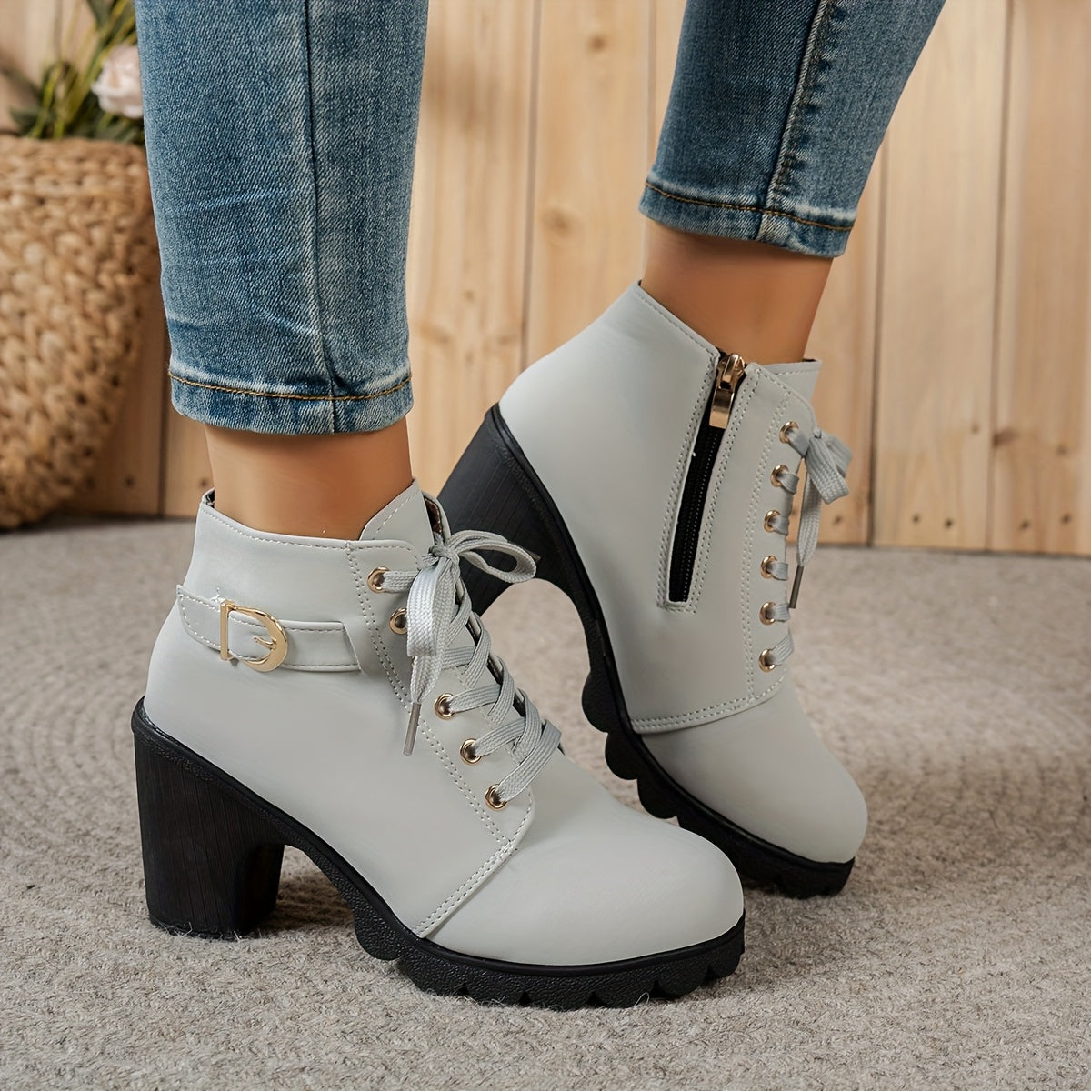 Women's Leather Ankle Boots with Side Zipper and Buckle for All Seasons