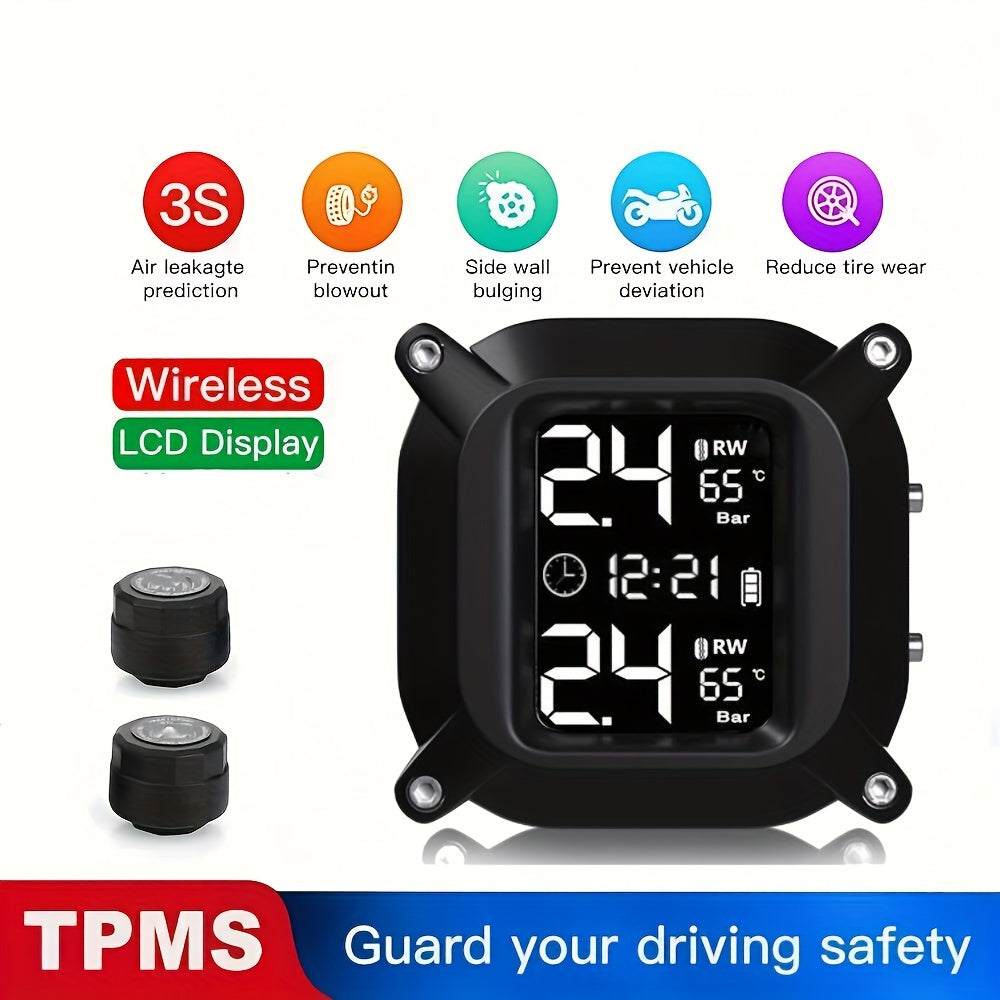 Wireless Motorcycle Tire Pressure Monitoring System with LCD Display and External Sensors