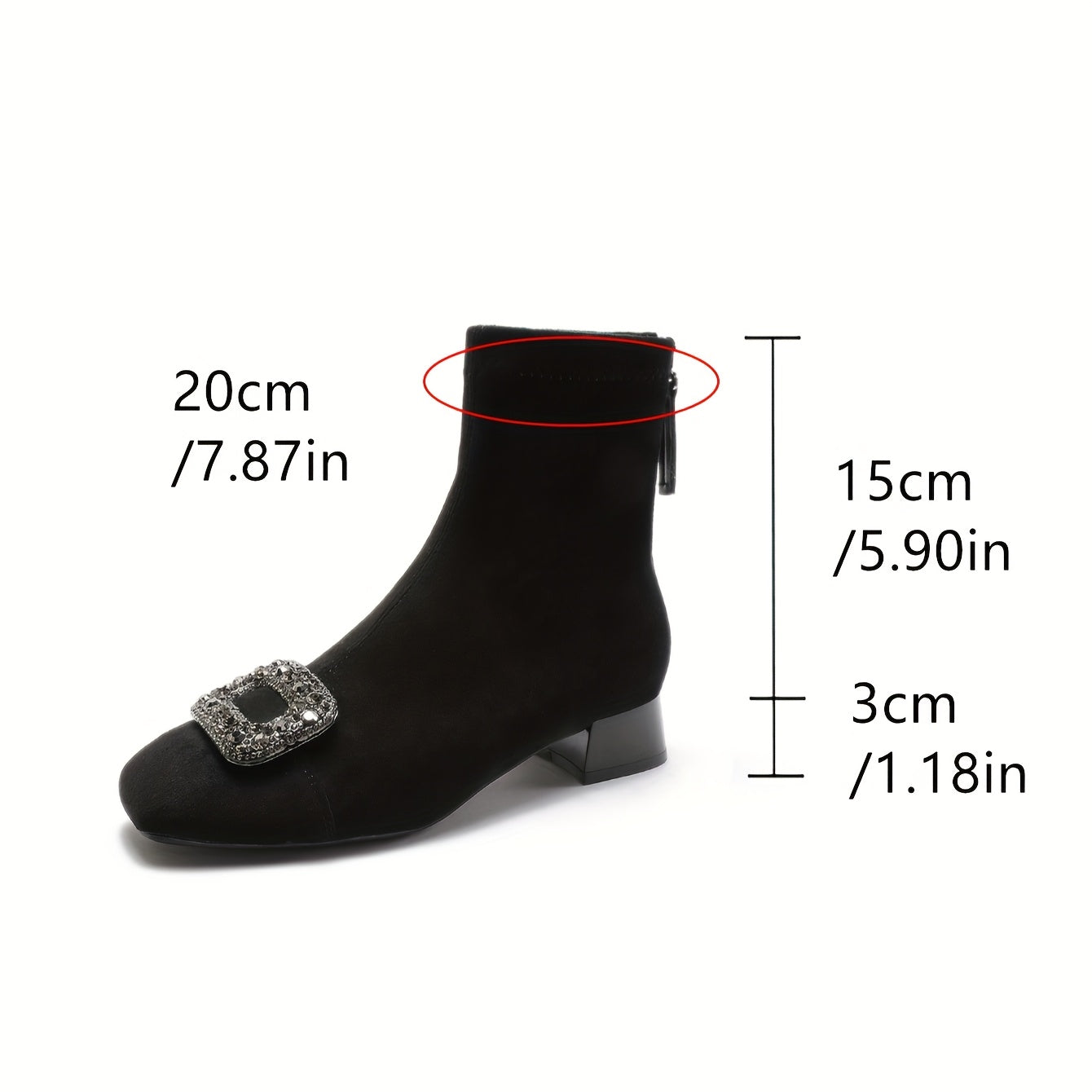 Women's Faux Leather Mid-Heel Boots with Rhinestone Buckle and Zipper