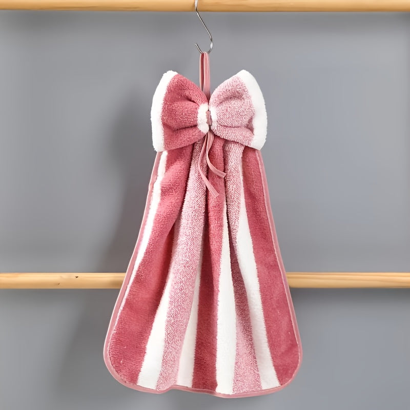Velvet Towel with Stripes and Bow Design for Bathroom Use 1pc