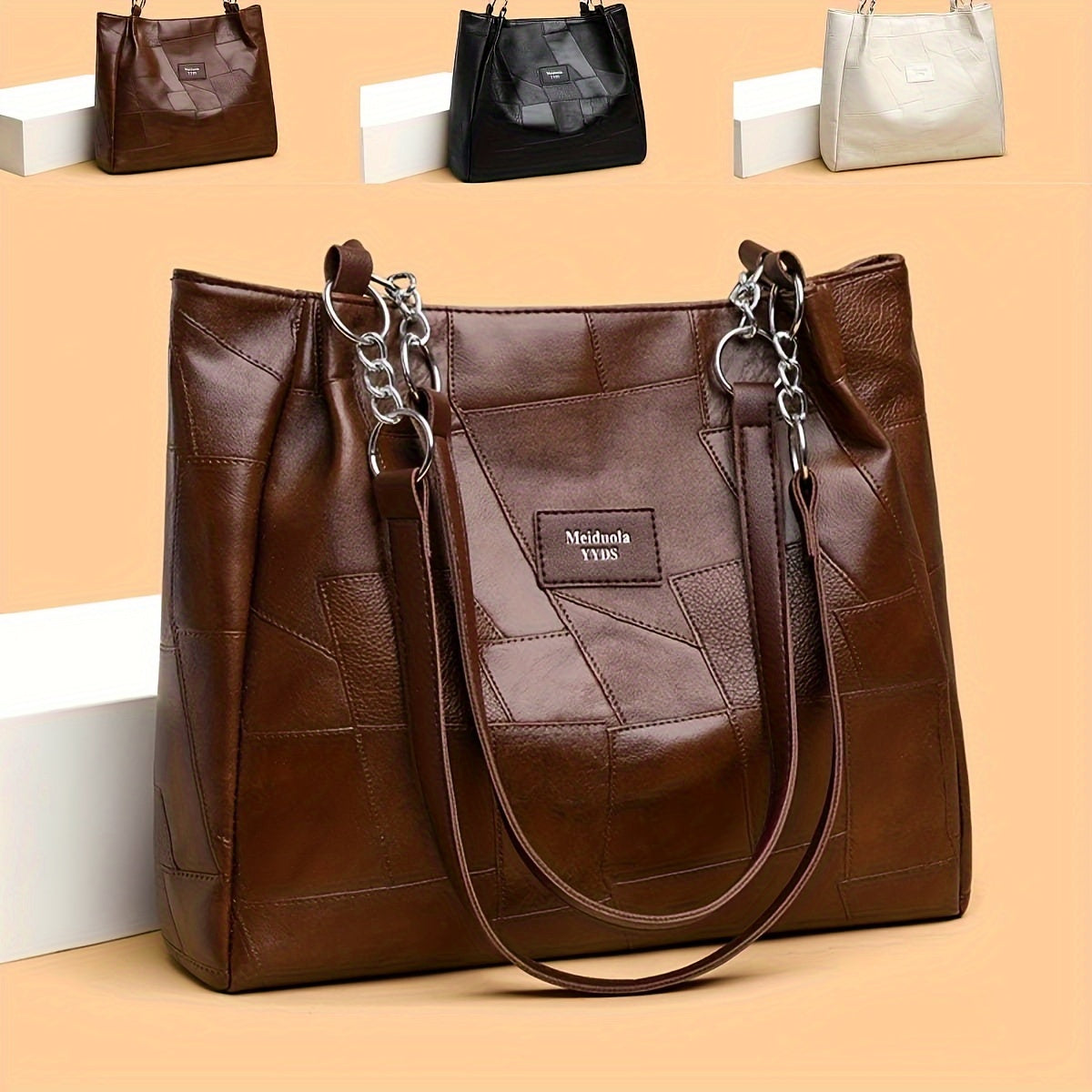 Vintage Quilted Tote Bag for Women and Students in Faux Leather with Zipper Closure