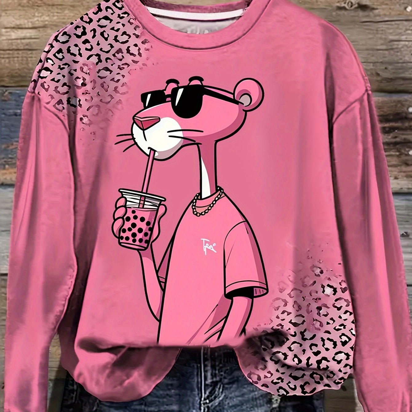 Women’s Plus Size Polyester Cartoon Animal Print Sweatshirt Long Sleeve Fall Winter Pullover Pink Leopard
