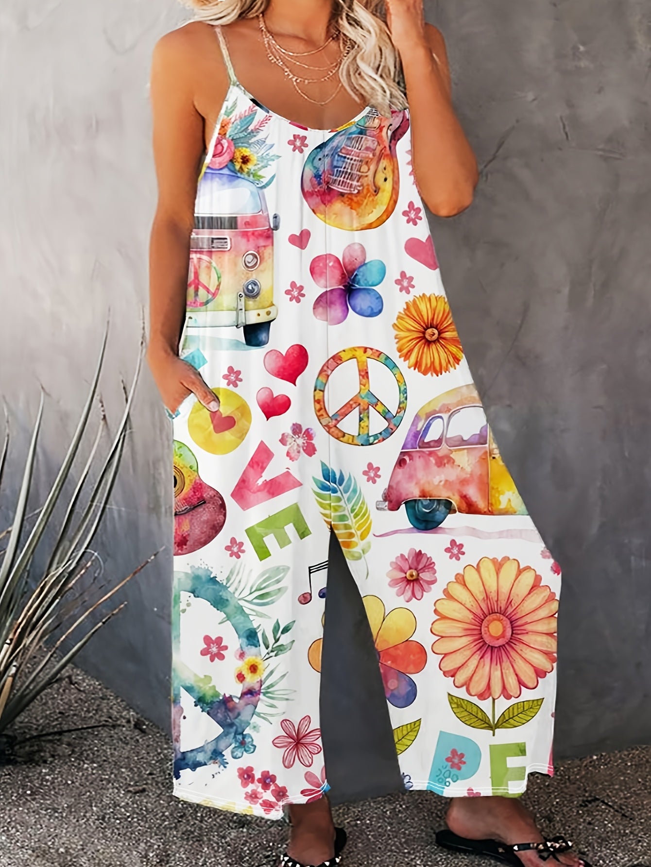 Women Plus Size Hippie Print Sleeveless Jumpsuit with Floral and Peace Sign Pattern