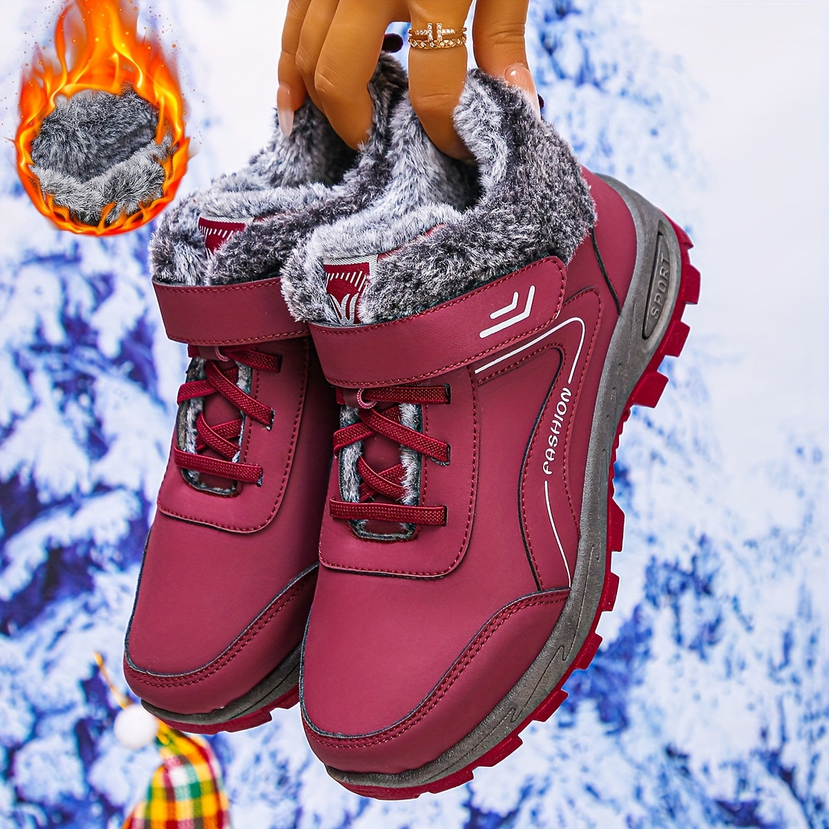 Women's Winter Ankle Boots Synthetic Leather Black Red Slip-On Lace-Up Boots