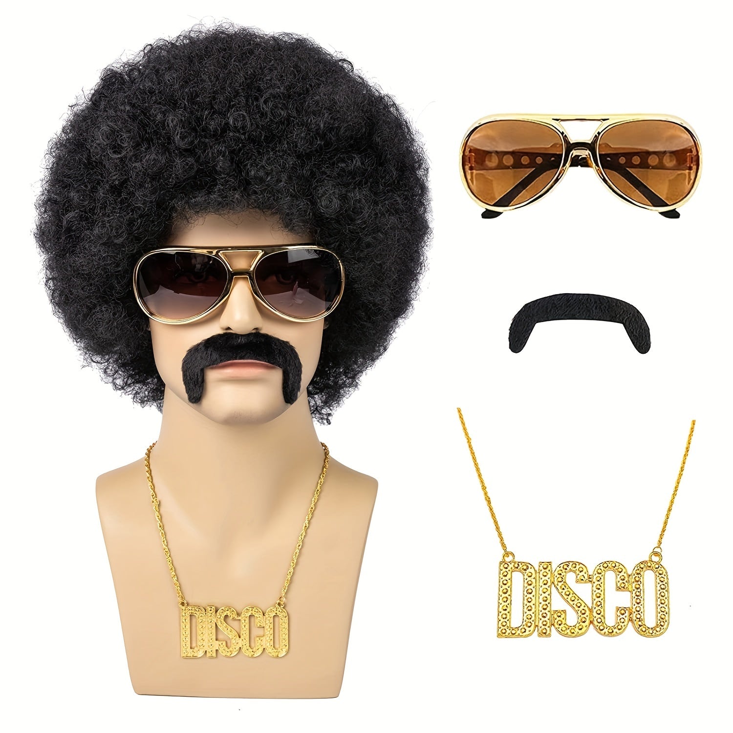 Men's 70s Costume Set with Black Curly Wig Glasses Necklace Beard