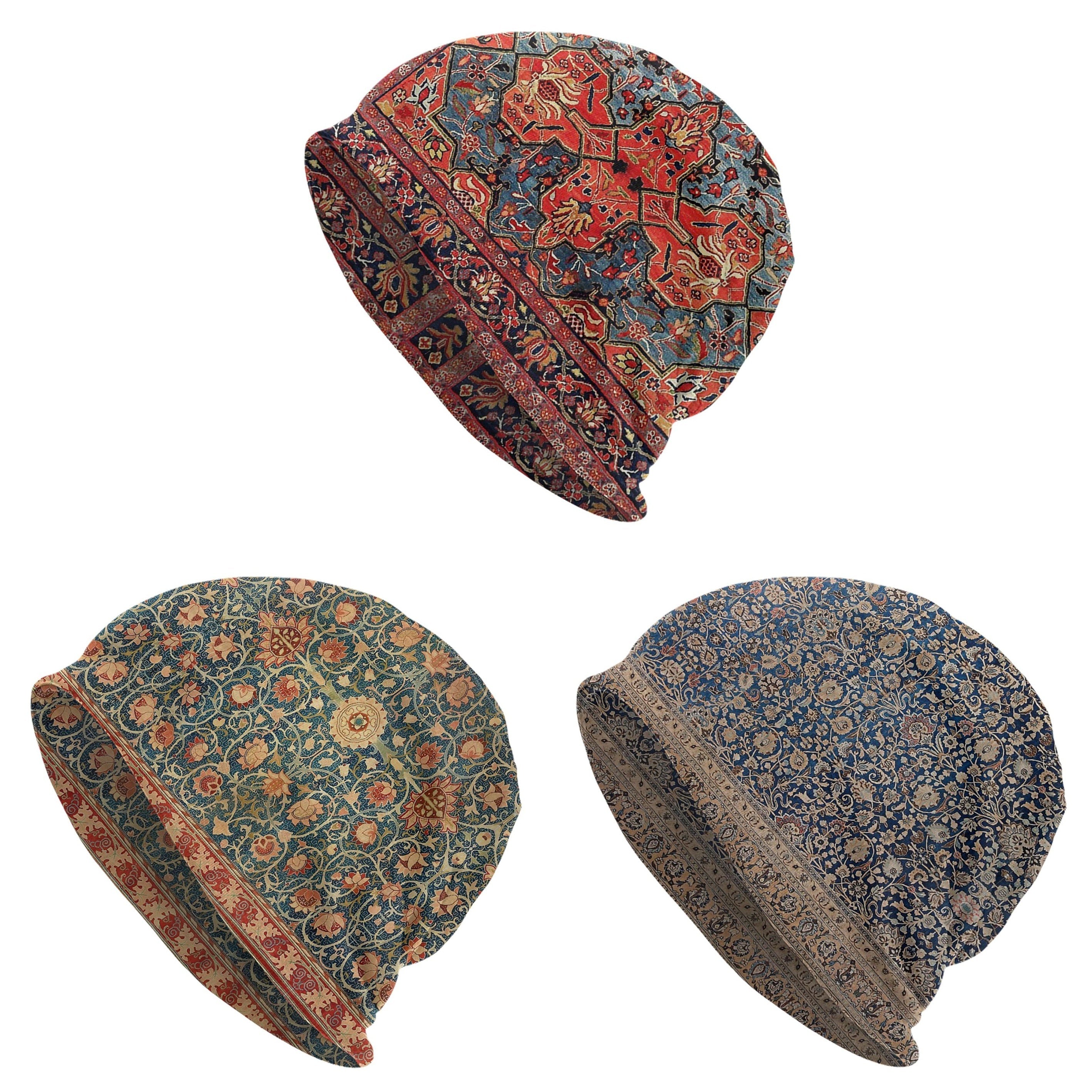 Antique Tabriz Persian Rug Beanie Boho-Chic Skull Cap for Men Women Soft Stretchy