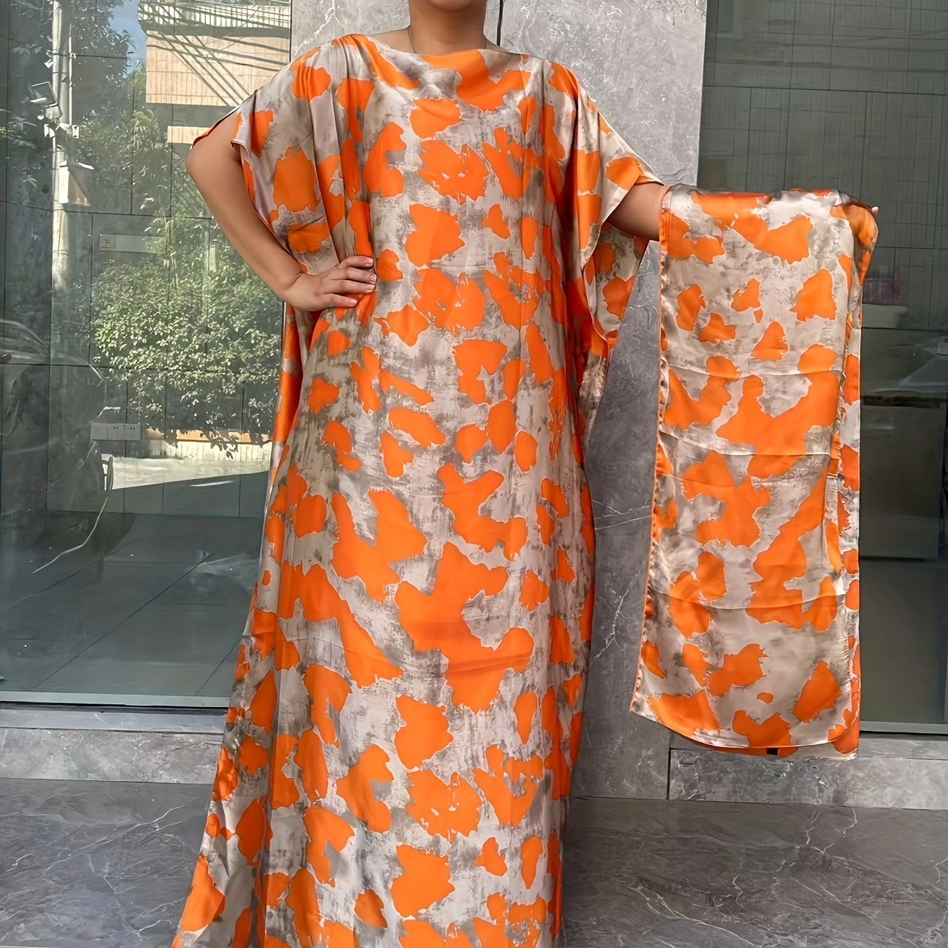 Women's Plus Size Floral Print Tunic Dress with Scarf Short Sleeve Casual Long Dress