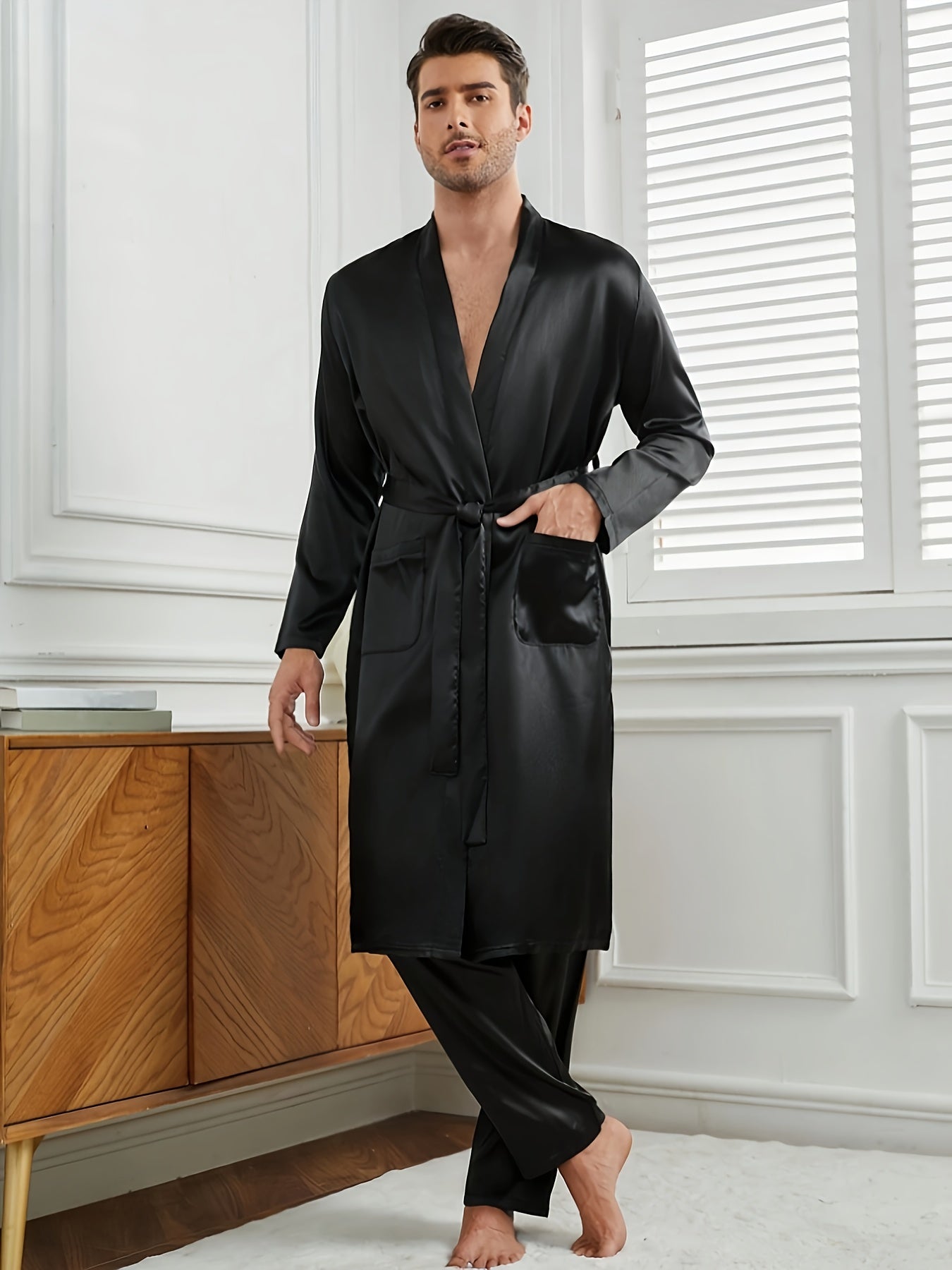 Men's Solid Color Woven Robe Set with Belt Long Sleeves V-Neck Casual