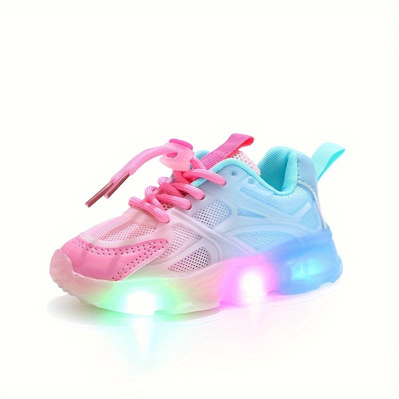 Kids Summer Racing Flats with LED Lights Glitter Stripes Low Top Breathable Mesh Sneakers