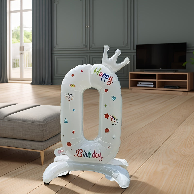 White 32-Inch Crown Number Balloon with Colorful Designs for Birthday Party