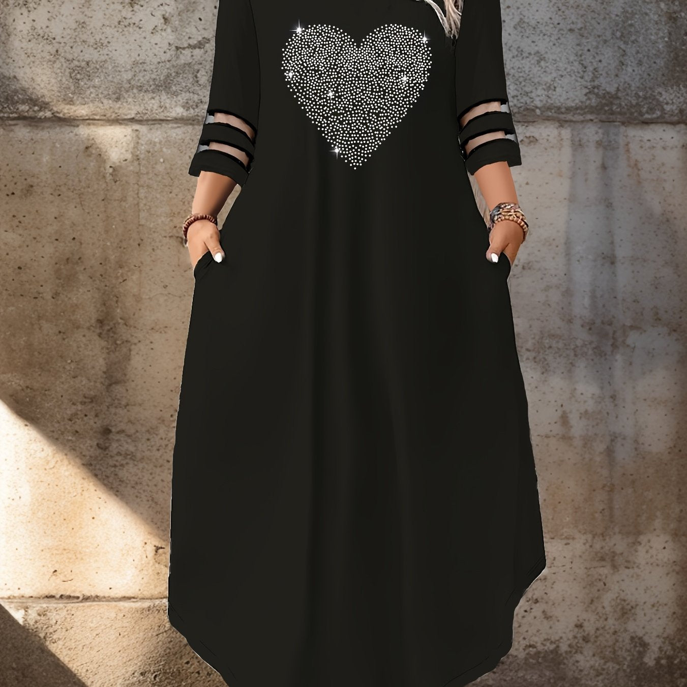 Women's Plus Size Elegant Dress with Skull Embellishments Heart Pattern Polyester Blend Stretch Fabric