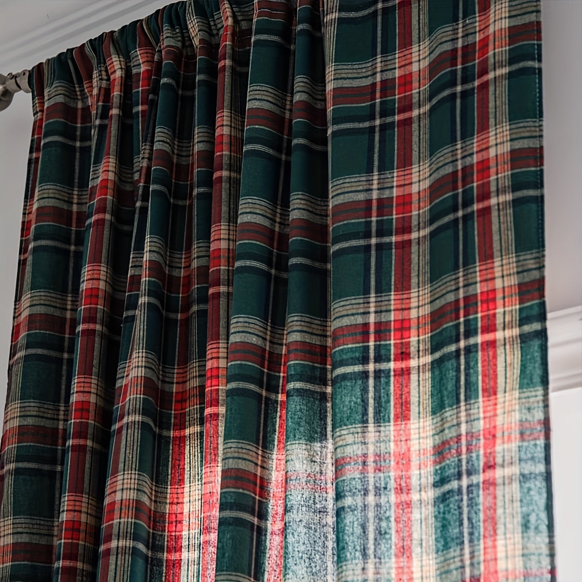Green Plaid Christmas Curtain with Invisible Rod for Bedroom Balcony Living Room
