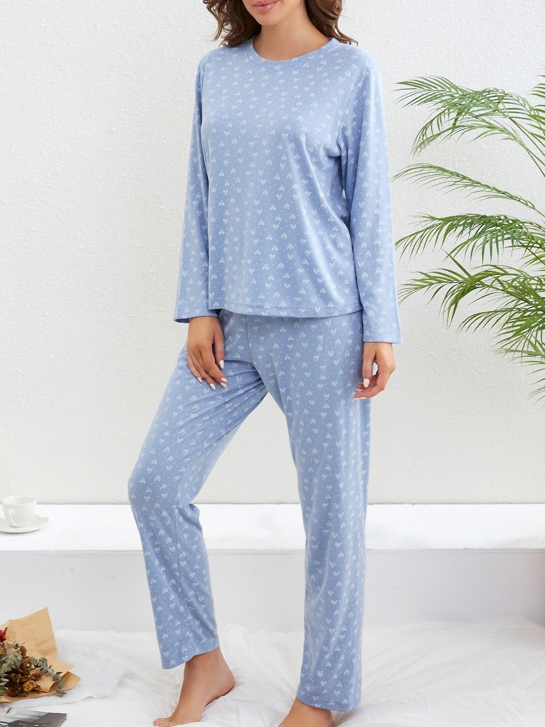 Conjunto de pijama con estampado de corazones para mujer, de manga larga, cuello redondo, cintura elástica, ropa de descanso y sueño