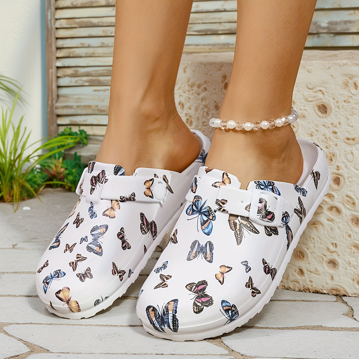 Women's White Butterfly Print EVA Slip-On Slippers with Thick Cushioned Sole