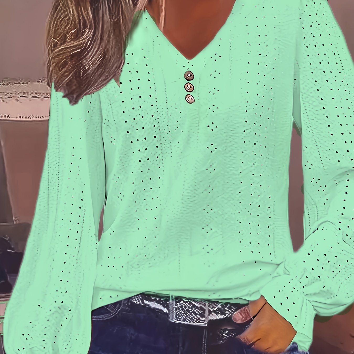Plus Size Eyelet Button Decor T-Shirt Casual V Neck Long Sleeve Top