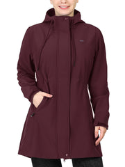 Women's Softshell Long Jacket with Hood Fleece Lined Windproof Warm Outdoor Windbreaker 33cm