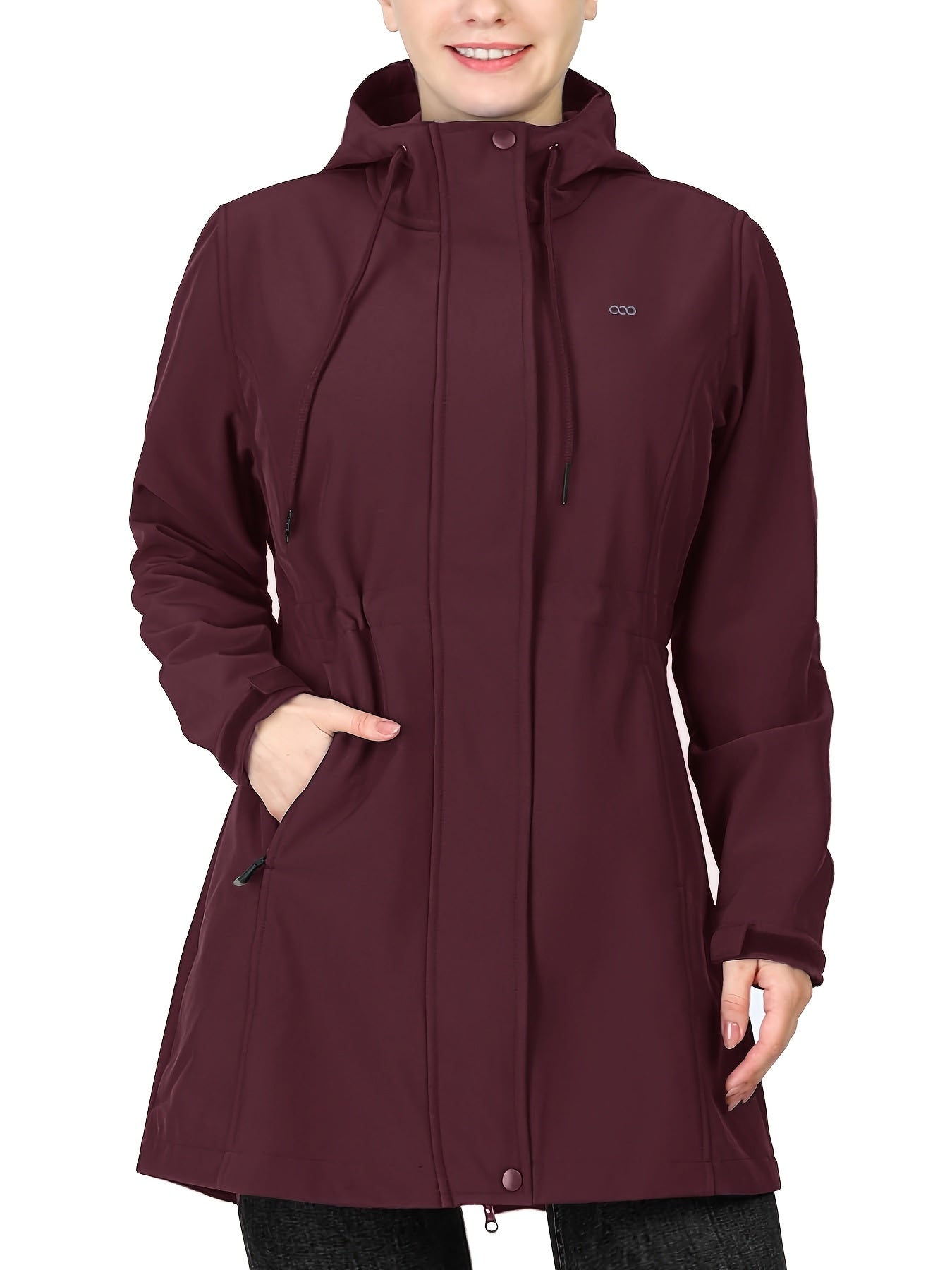 Women's Softshell Long Jacket with Hood Fleece Lined Windproof Warm Outdoor Windbreaker 33cm