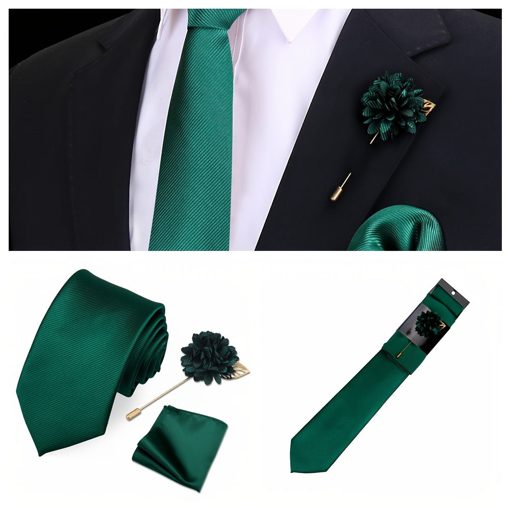 Men's Tie Set with Pocket Towel and Brooch, Classic Striped Plain Design