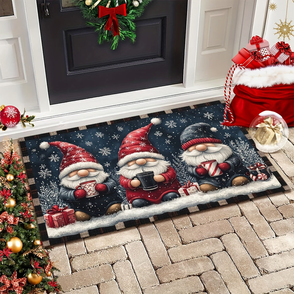 Festive Christmas Gnome Doormat Non-Slip Washable Polyester Rubber Backing