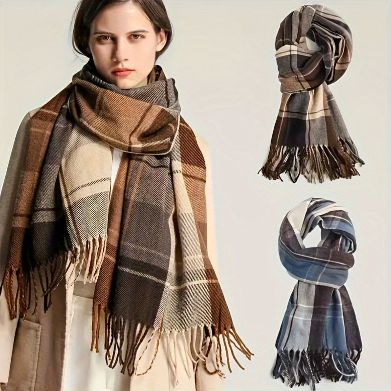 Women's Fashion Scarf 2024 Korean Style Plaid Shawl Polyester Blend Soft Warm Breathable