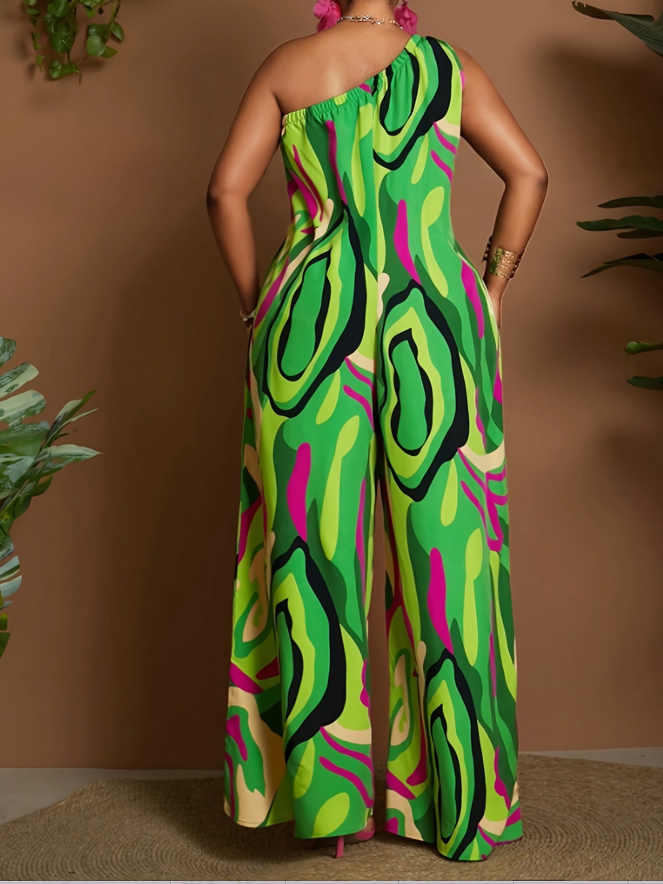 Plus Size Women's Off-Shoulder Jumpsuit Geometric Print Fall Casual Wear