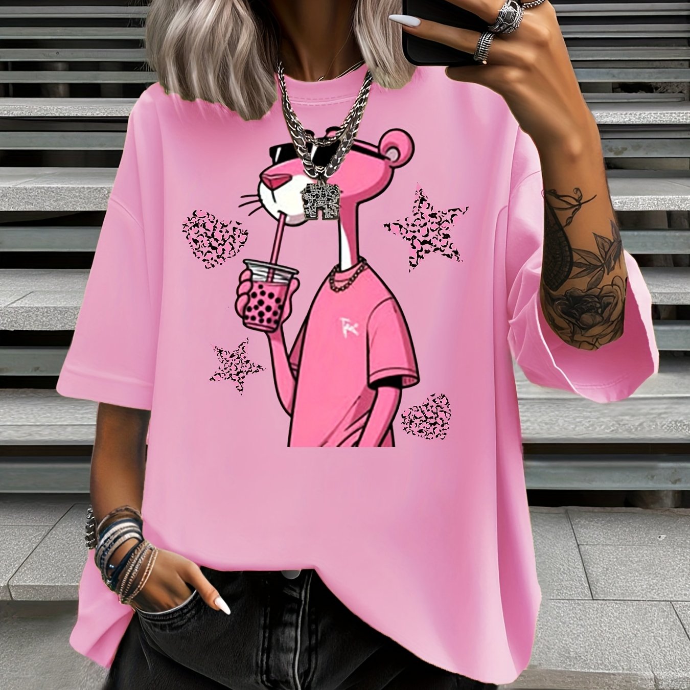 Plus Size Womens Pink Cartoon Graphic T-Shirt Short Sleeve Casual Summer