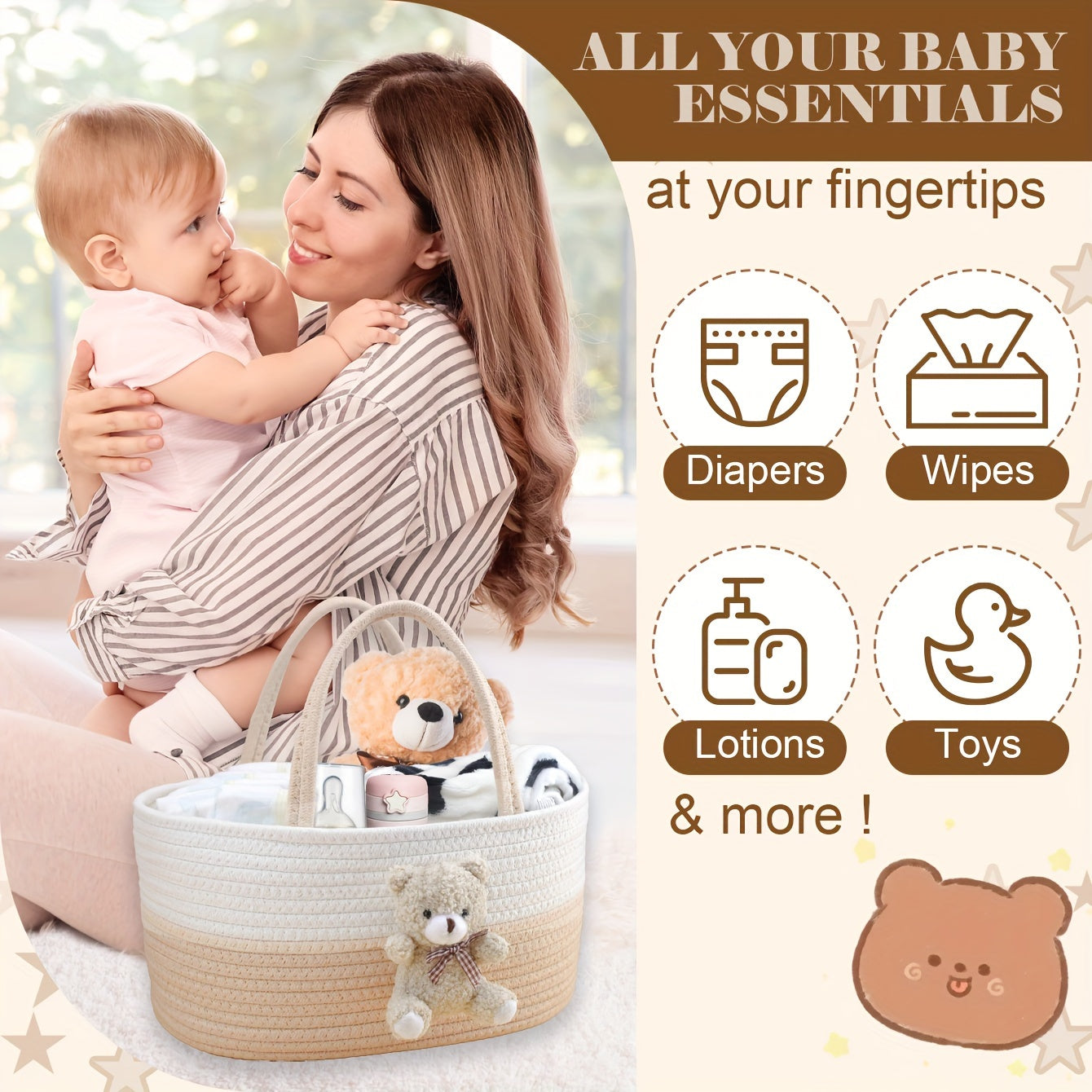 Nursery Diaper Caddy with Handles Storage Basket for Diapers Wipes Toys