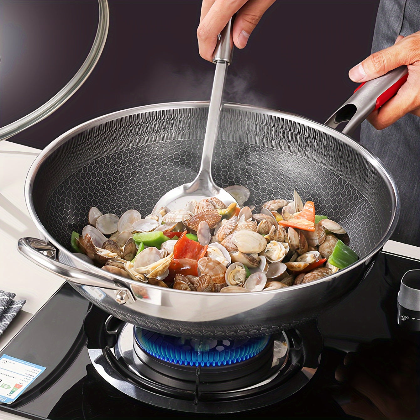 Stainless Steel Frying Pan 32cm 34cm Non-Stick Honeycomb Wok Induction Gas Stove