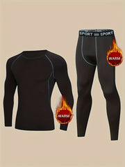 Men's Thermal Underwear Set with Crew Neck Top and Tight Bottoms for Running and Workout