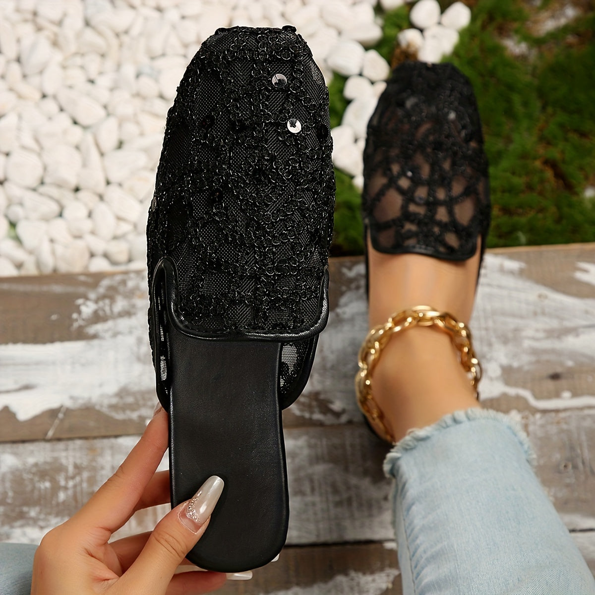 Mules planos para mujer con lentejuelas, punta cuadrada, malla, zapatos sin cordones para verano