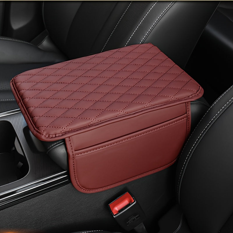 Red PU Leather Car Armrest Pad with Quilted Design and Storage Pocket