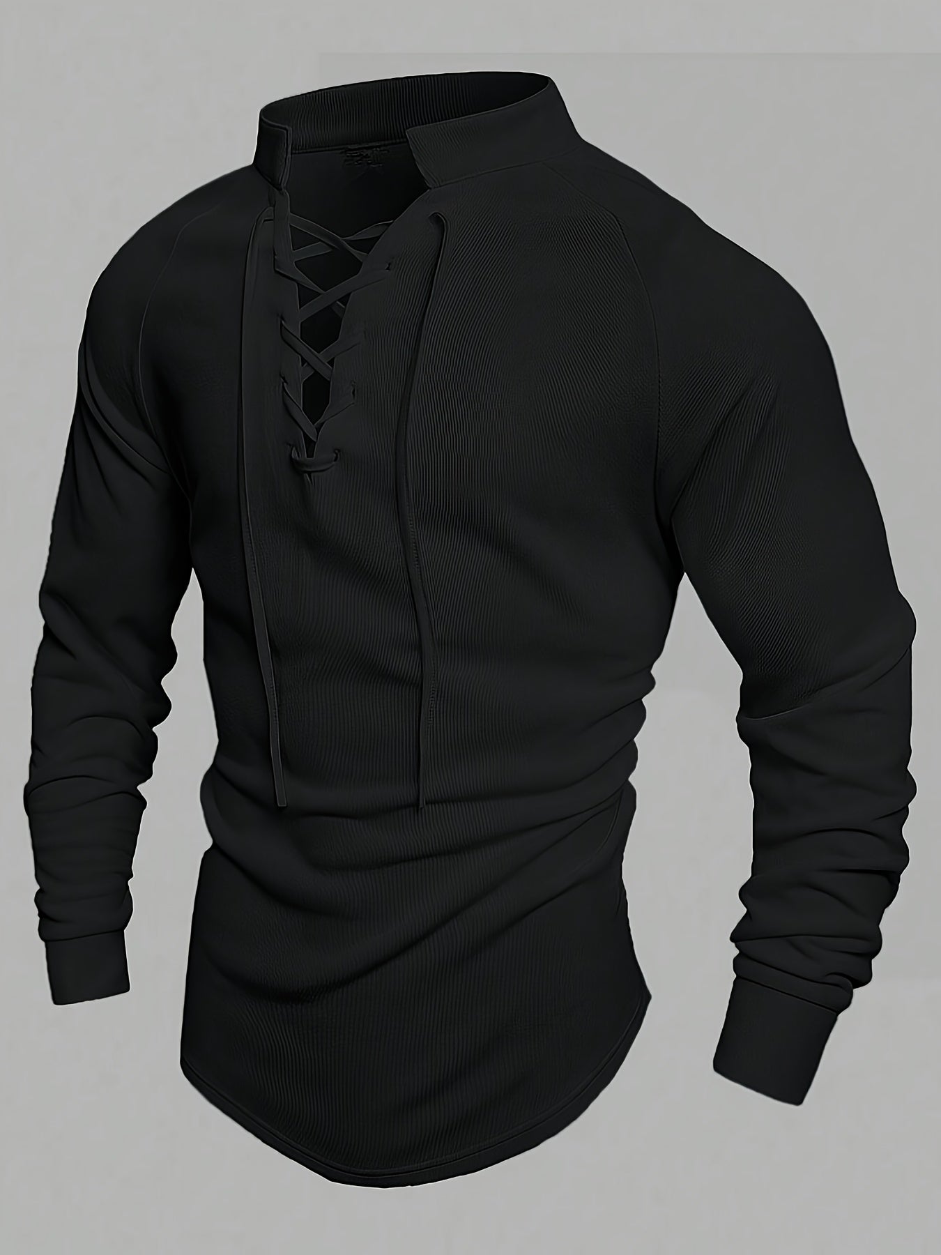 Camiseta de manga larga casual para hombre con cuello alto y cordón, mezcla de poliéster, color sólido, corte regular, primavera y otoño