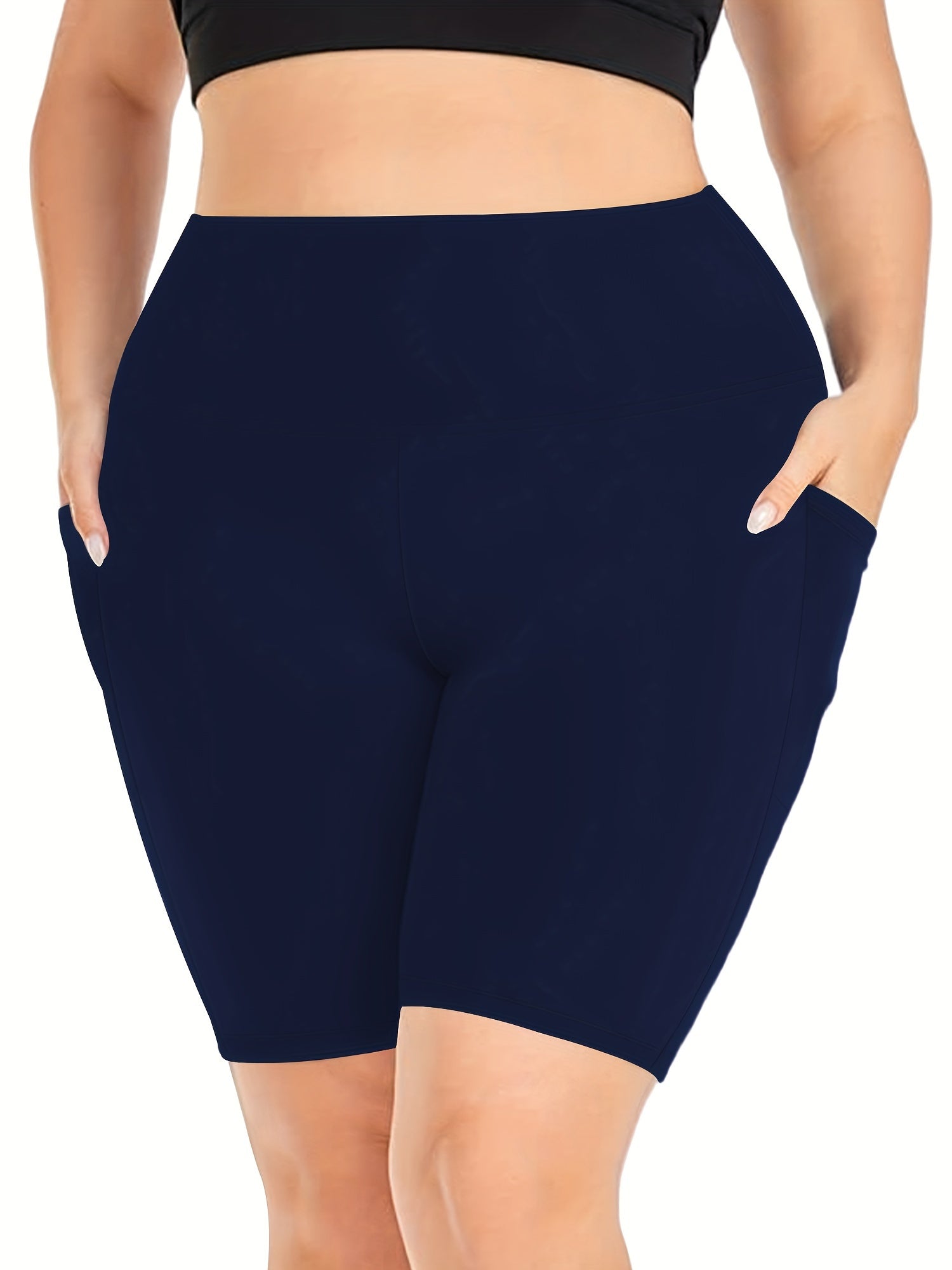 Pantalones cortos de ciclista para mujer talla plus con bolsillos, cintura alta, entrenamiento, control de abdomen