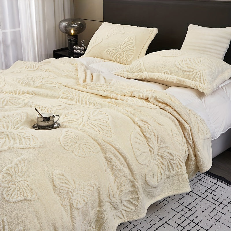 White Taffeta Butterfly Jacquard Throw Blanket Soft Warm Cozy for Couch Bed Travel