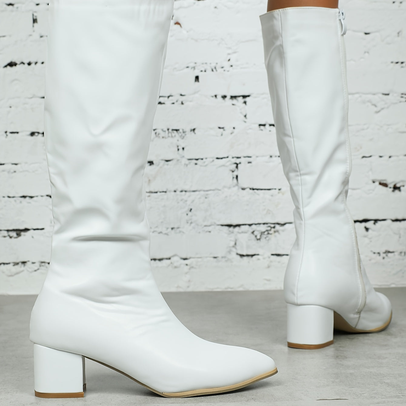 Women's Faux Leather Side Zipper Chunky Heel Long Boots Casual Motorcycle Riding Warm Shoes