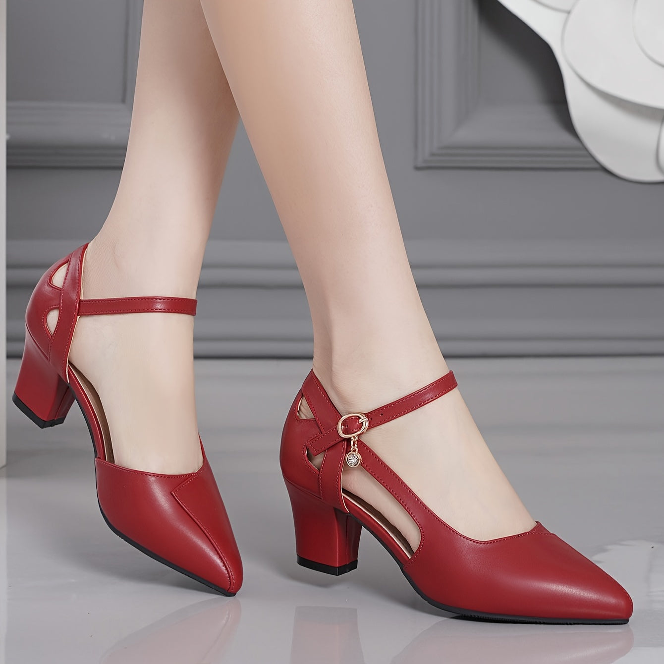 Women's Summer Sandals with Chunky Heel Pointed Toe Crystal Accents Faux Leather