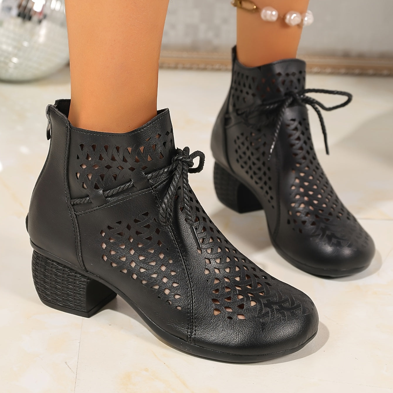 Women's Ethnic Cut-Out Ankle Boots with Bow Faux Leather Chunky Heel Black