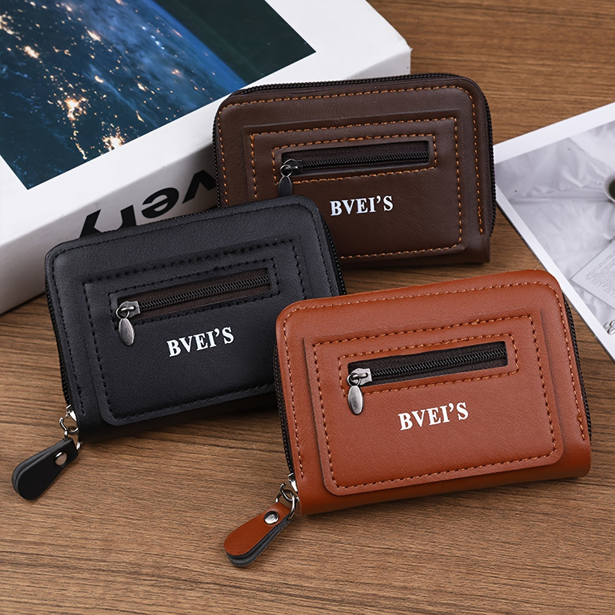 Men's PU Leather Wallet with Card Slots Zipper Coin Pocket Solid Color