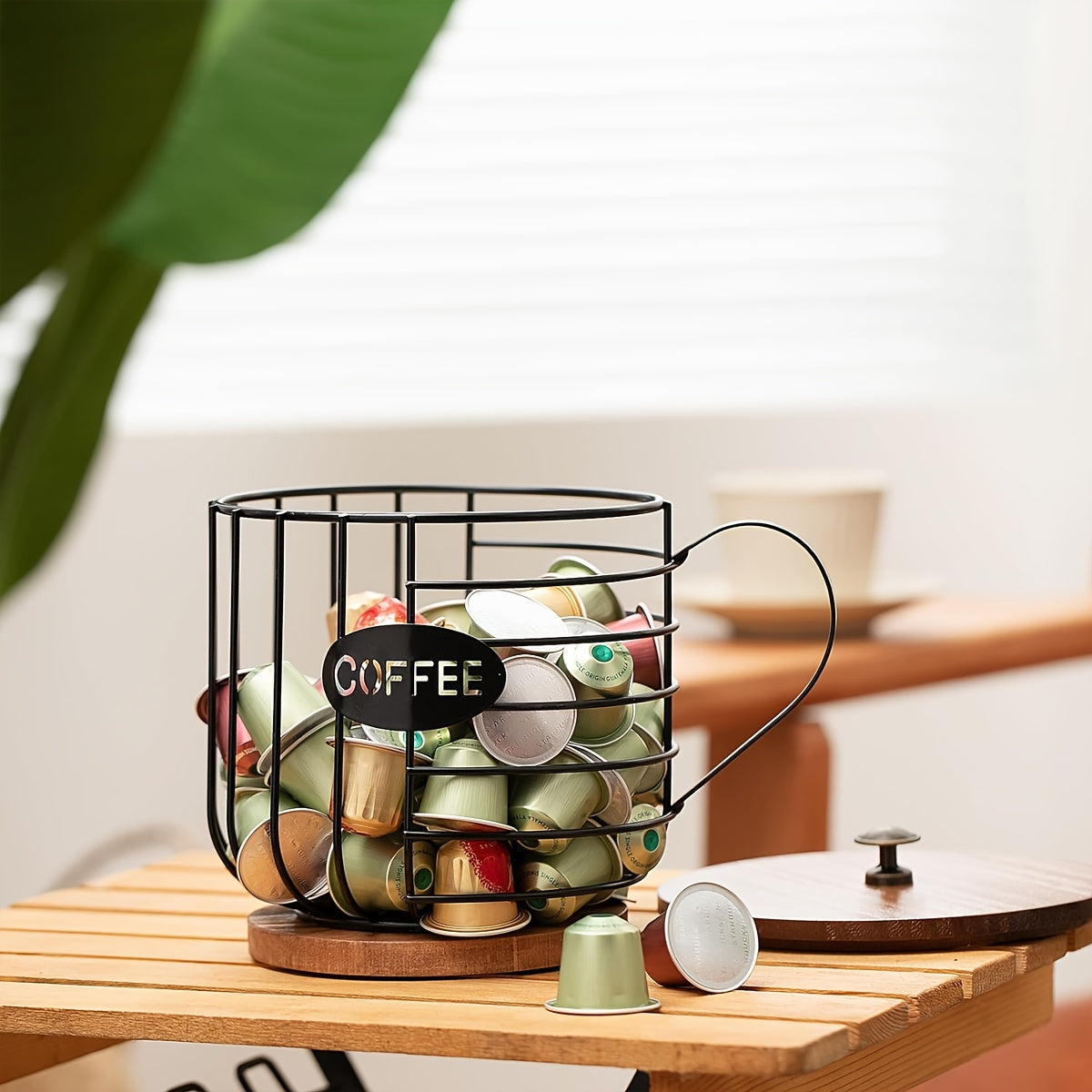 Large Capacity Coffee Capsule Holder Wooden Base Metal Wire Basket for Espresso Capsules