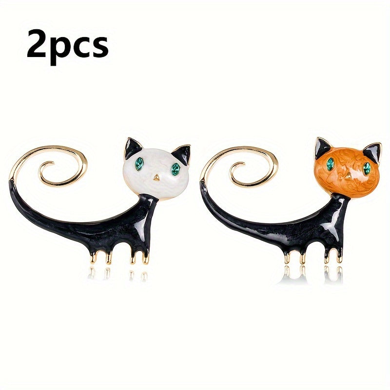 Set of 2 Halloween Black Cat Brooches Hand-Painted Cartoon Tails Alloy Chest Jewelry
