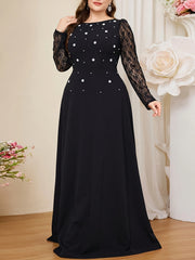 Plus Size Black Dress with Pearls and Lace A-Line Evening Gown