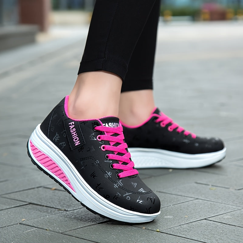 Women’s Fashion Sneakers Black with Pink Laces Lightweight Slip-Resistant Walking Shoes